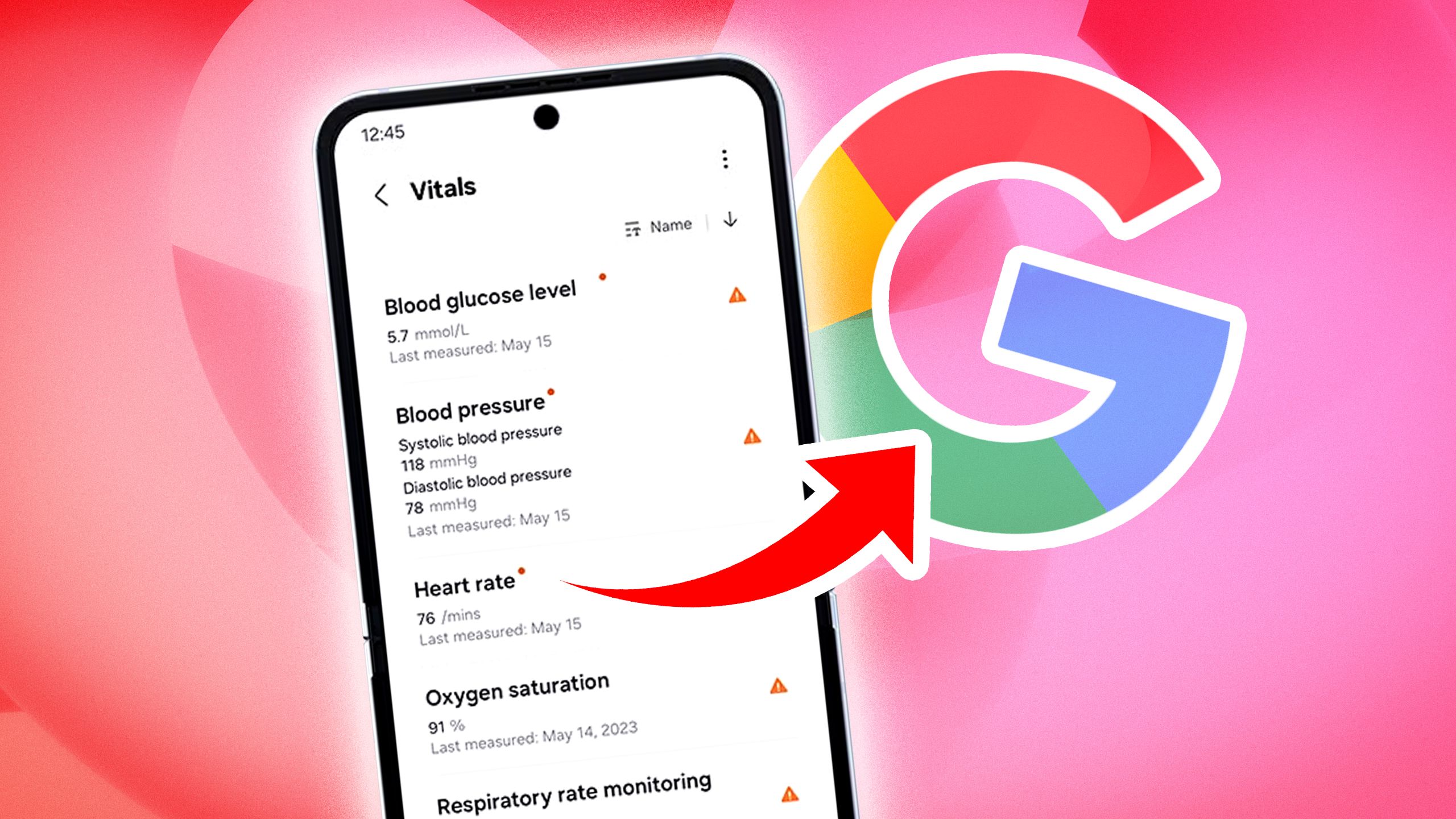 Um telefone mostrando os sinais vitais de uma pessoa em um aplicativo de condicionamento físico e uma seta apontando para o logotipo do Google