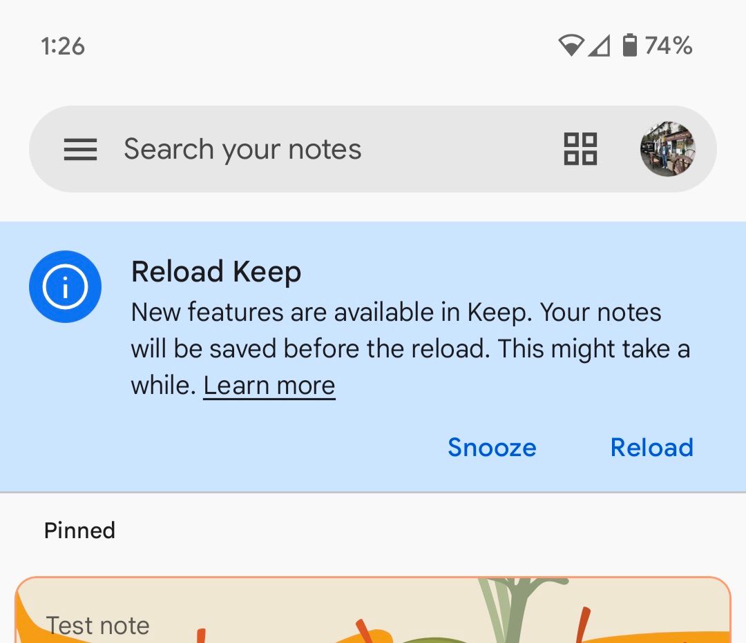 Solicitação de recarga do Google Keep