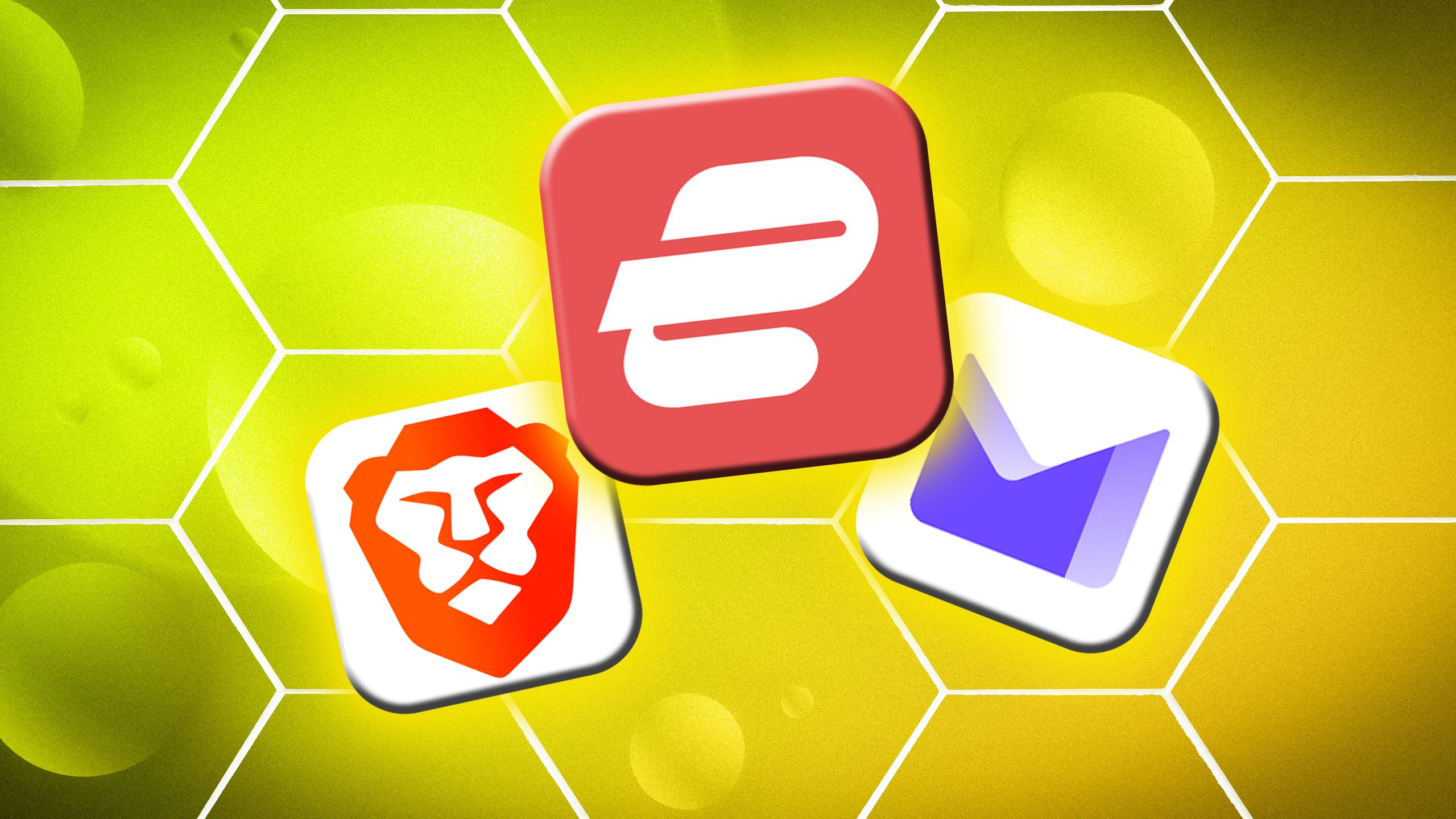 Os logotipos da Brave, ExpressVPN e Proton Mail em um fundo com efeito de favo de mel