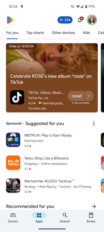 captura de tela da tela inicial da Play Store