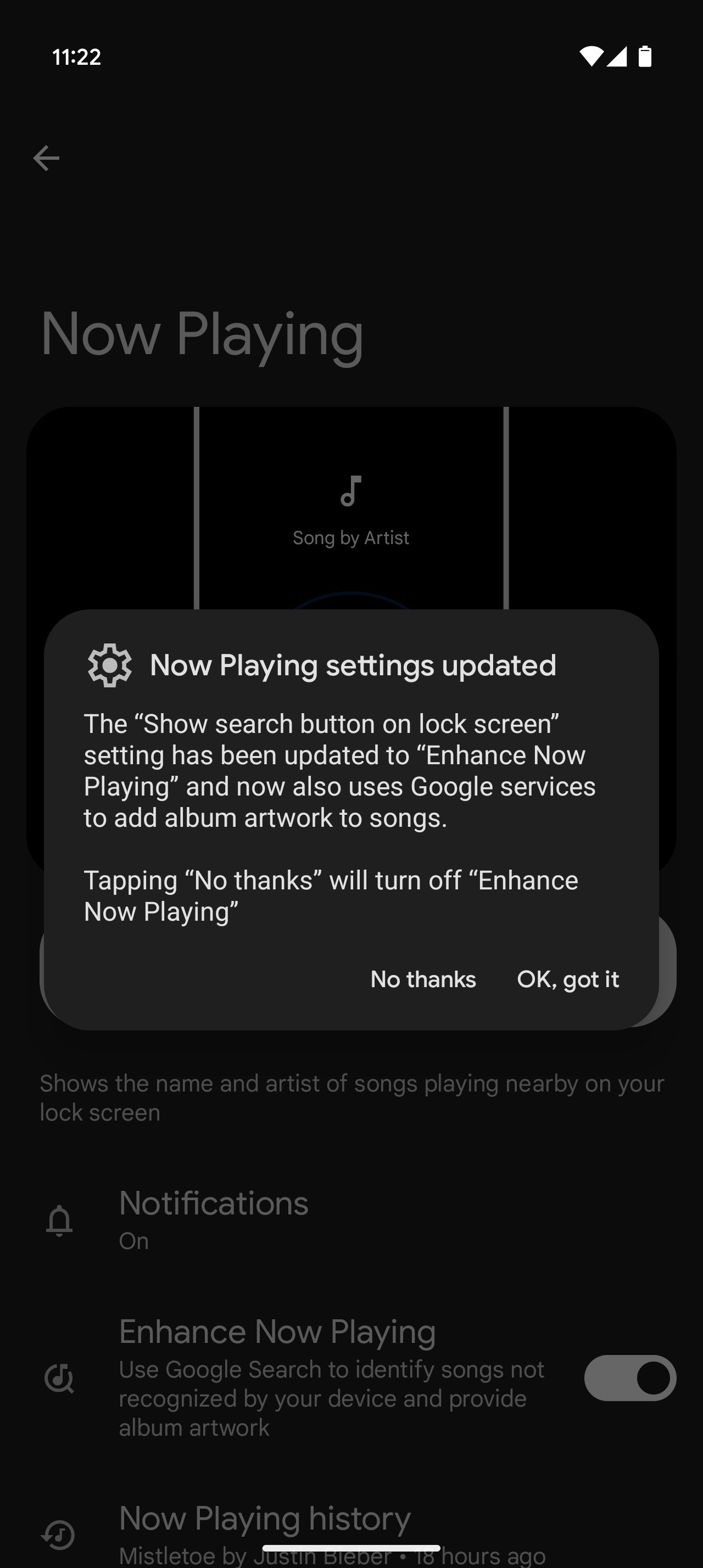 Uma captura de tela do Pixel Enhance Now Playing.