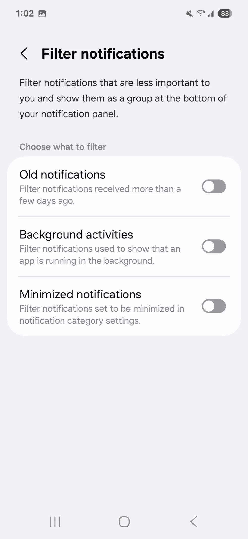 Uma captura de tela da tela de configuração de notificações de filtro.