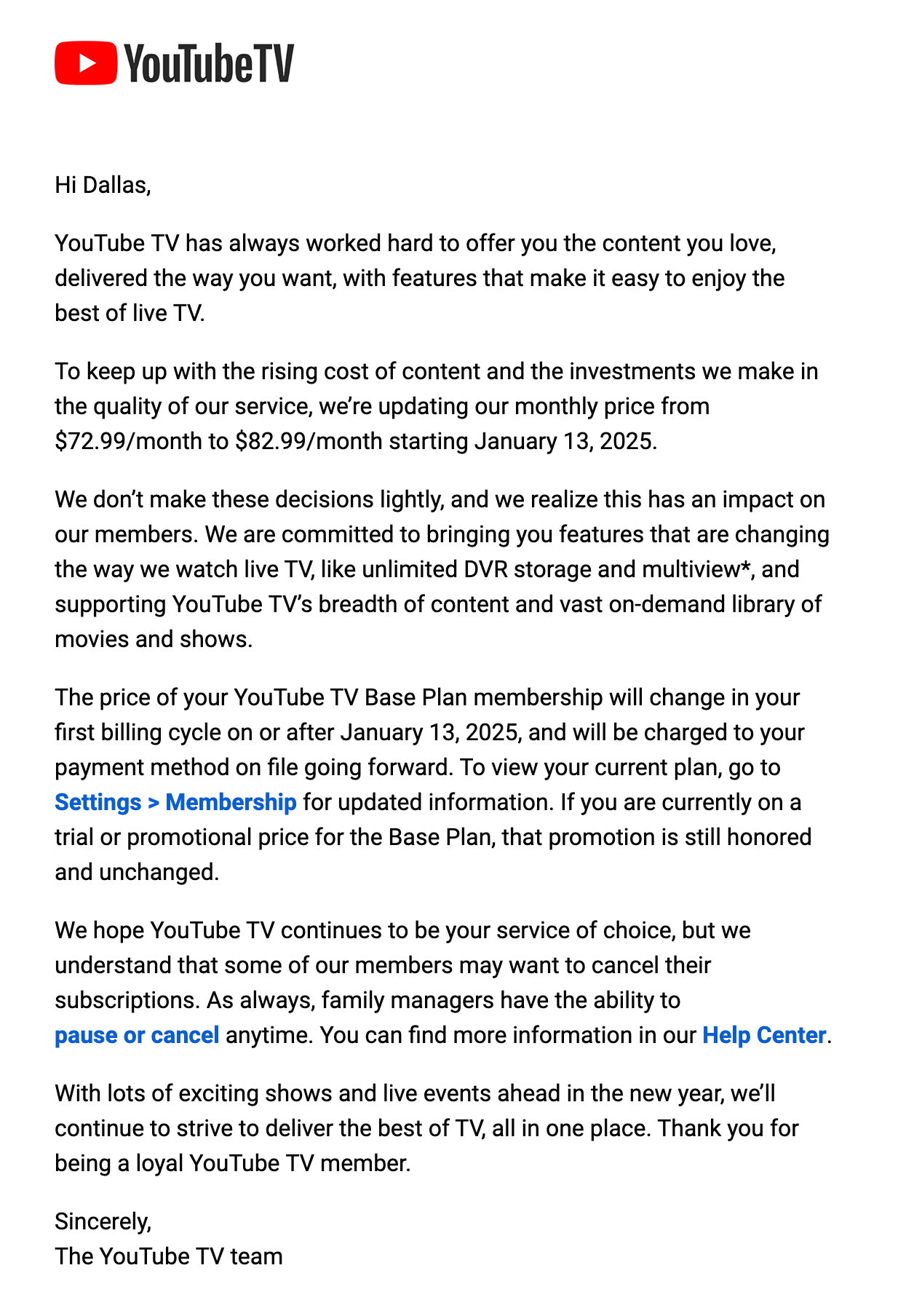 Captura de tela do e-mail do YouTube enviado aos clientes para informá-los sobre o aumento de preços do YouTube TV.