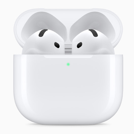 Apple AirPods 4 com cancelamento ativo de ruído em caso de fundo branco