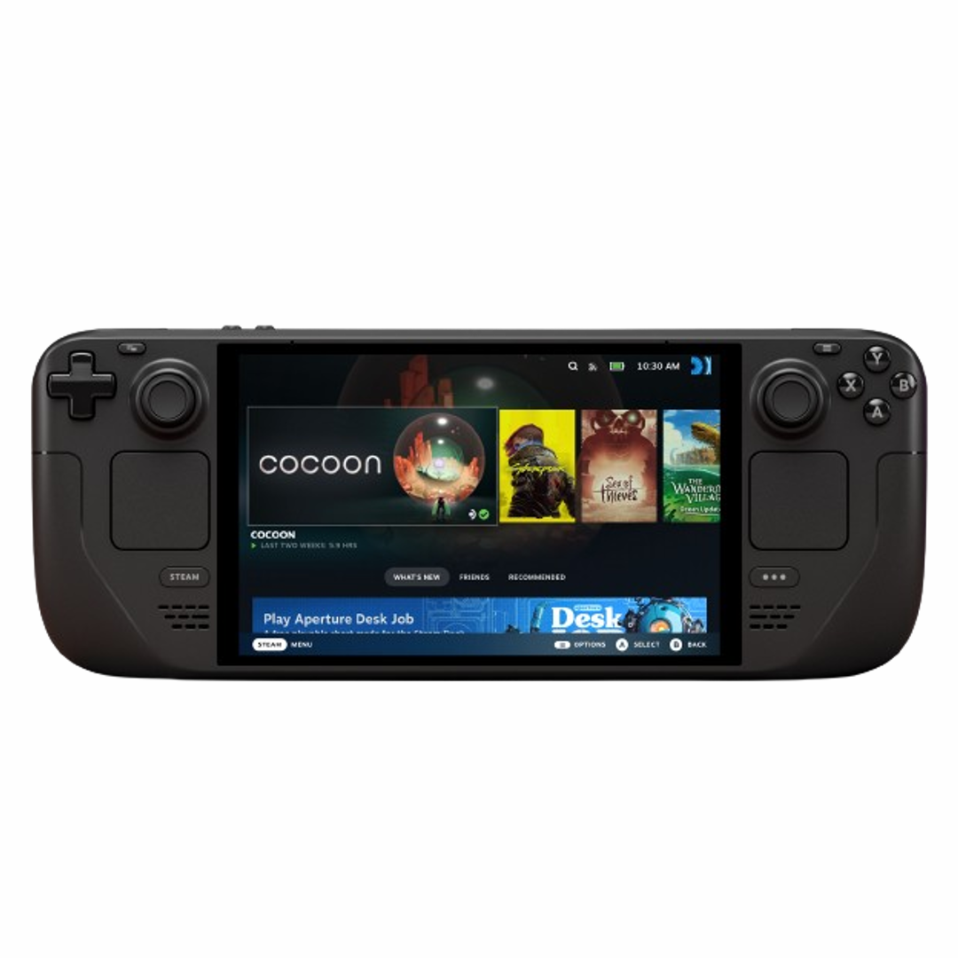 Uma foto de um Steam Deck em um fundo branco