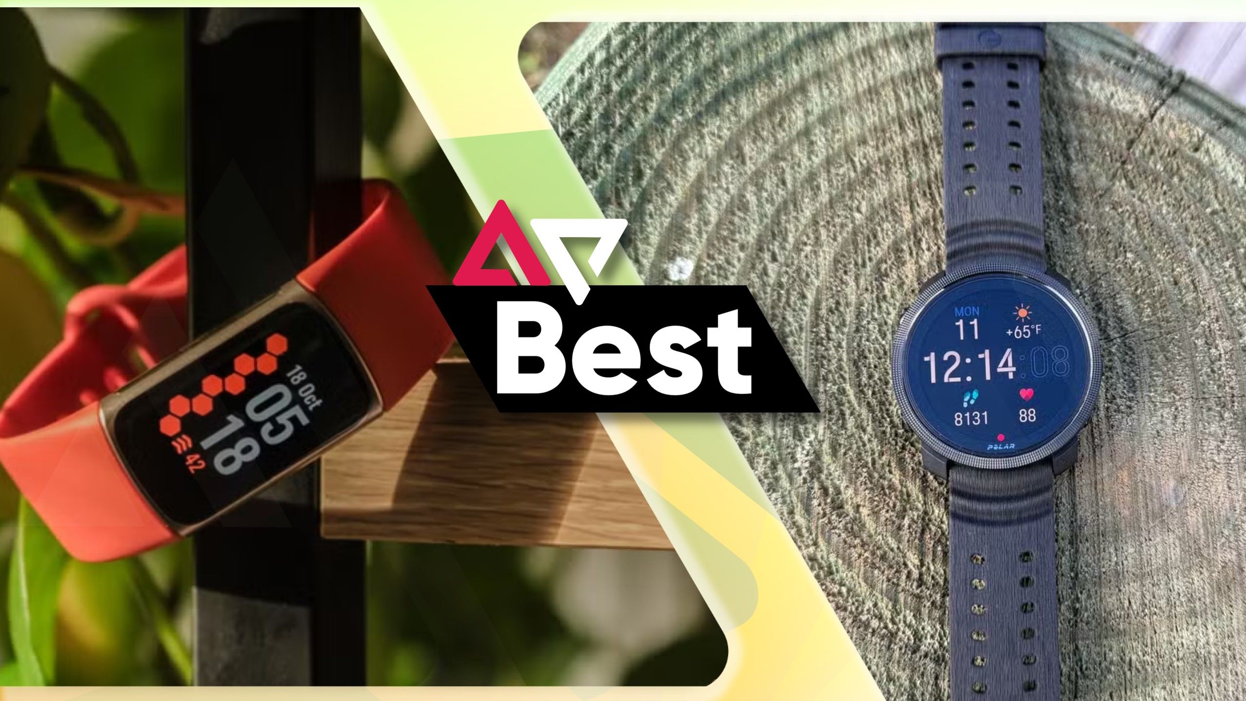 Fitbit Charge 6 à esquerda e Polar Vantage M3 à direita com um logotipo AP Best no meio sobre um fundo dourado.