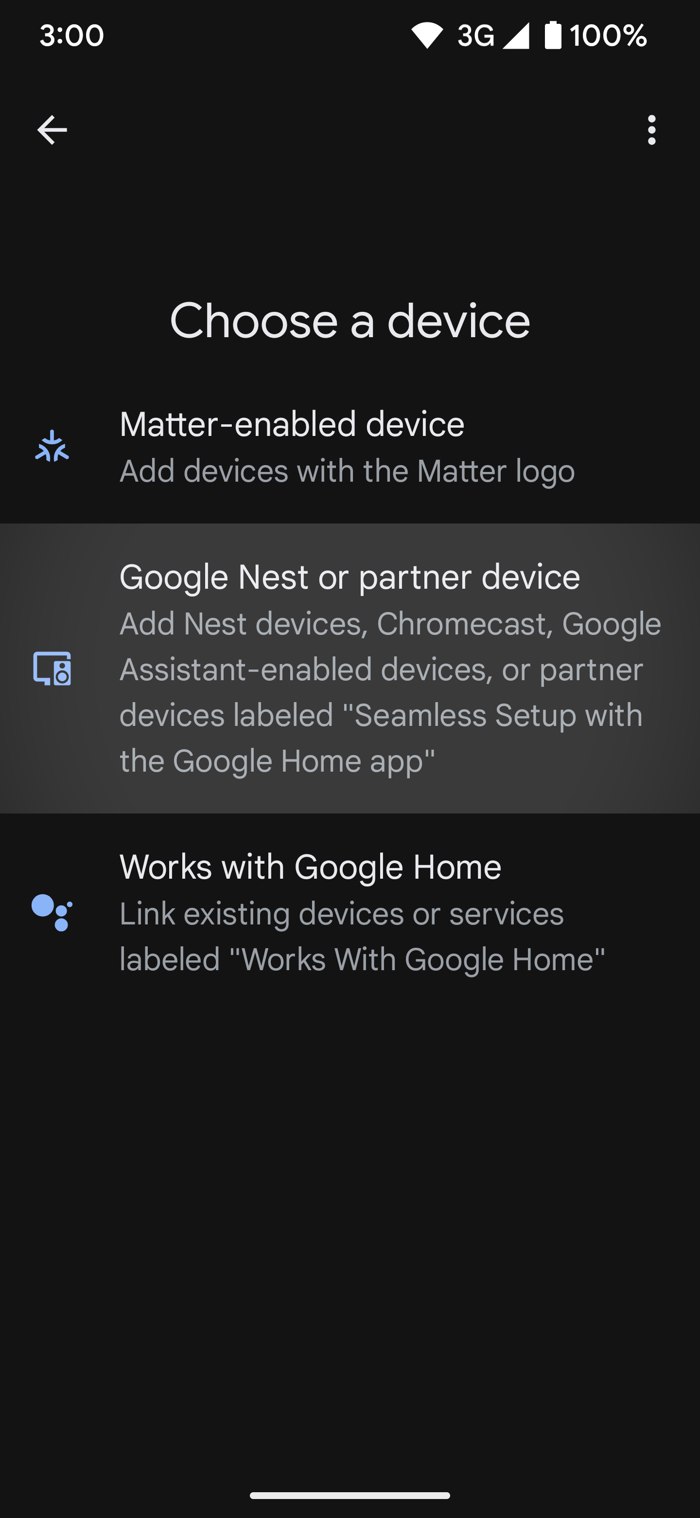 Destacando o "Google Nest ou dispositivo de parceiro" seção ao configurar um dispositivo de casa inteligente no app Google Home.