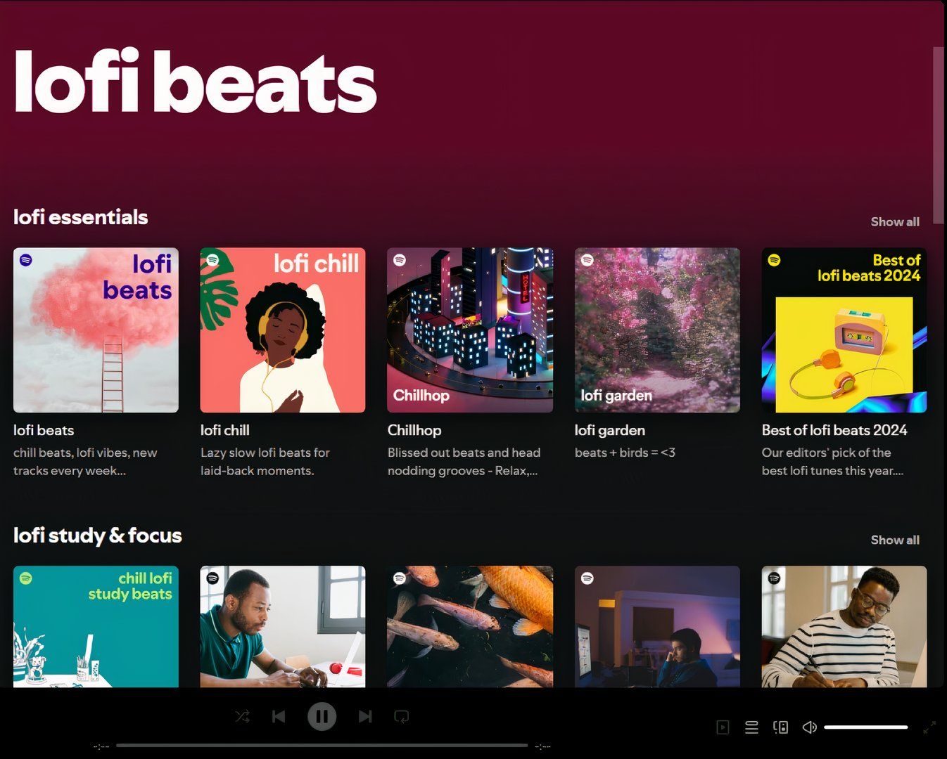 Uma captura de tela da página lofi beats do Spotify.
