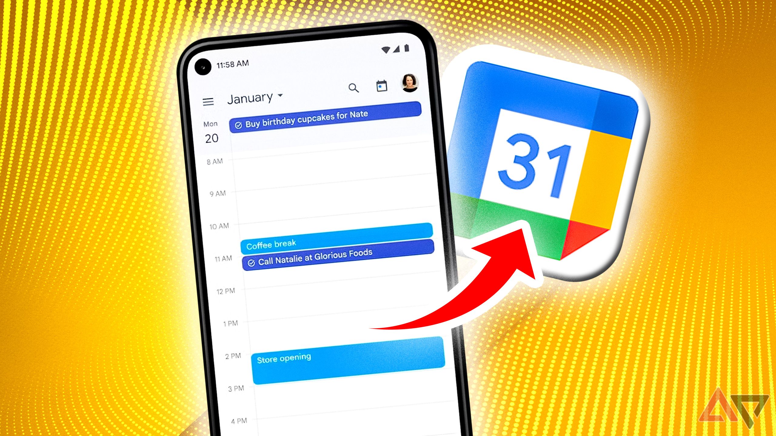 telefone Android mostrando o aplicativo Google Agenda em fundo amarelo