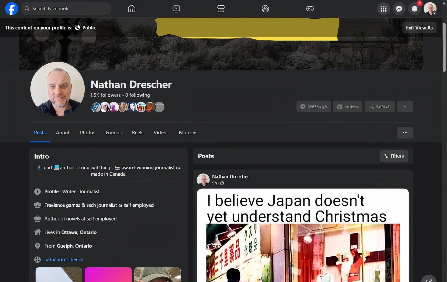 Uma captura de tela da opção pública 'ver como' da página de Nathan Drescher no Facebook.