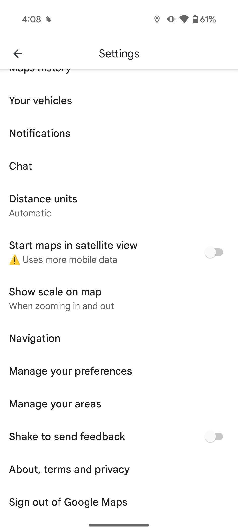 Menu de configurações do Google Maps mostrando a opção de gerenciar suas preferências