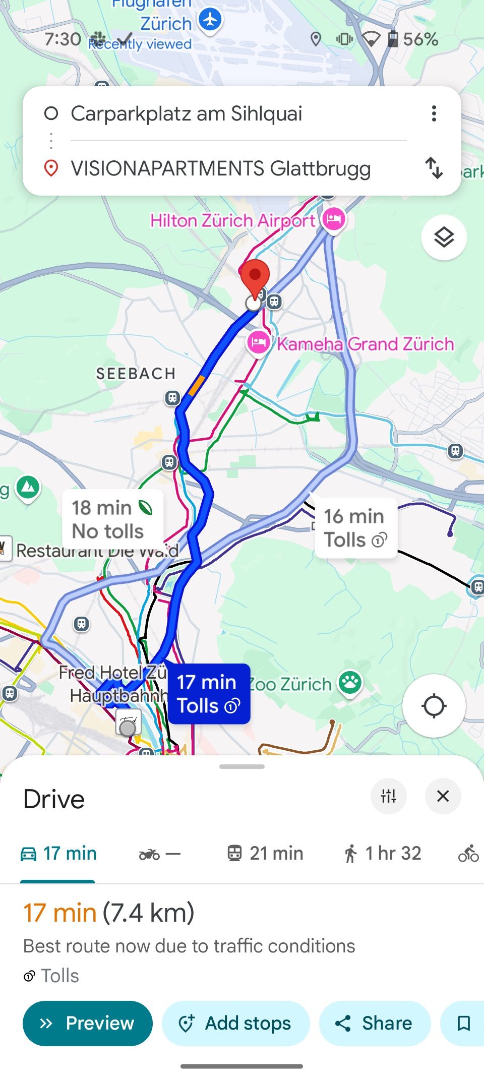 Rota de condução no Google Maps com opção de compartilhamento