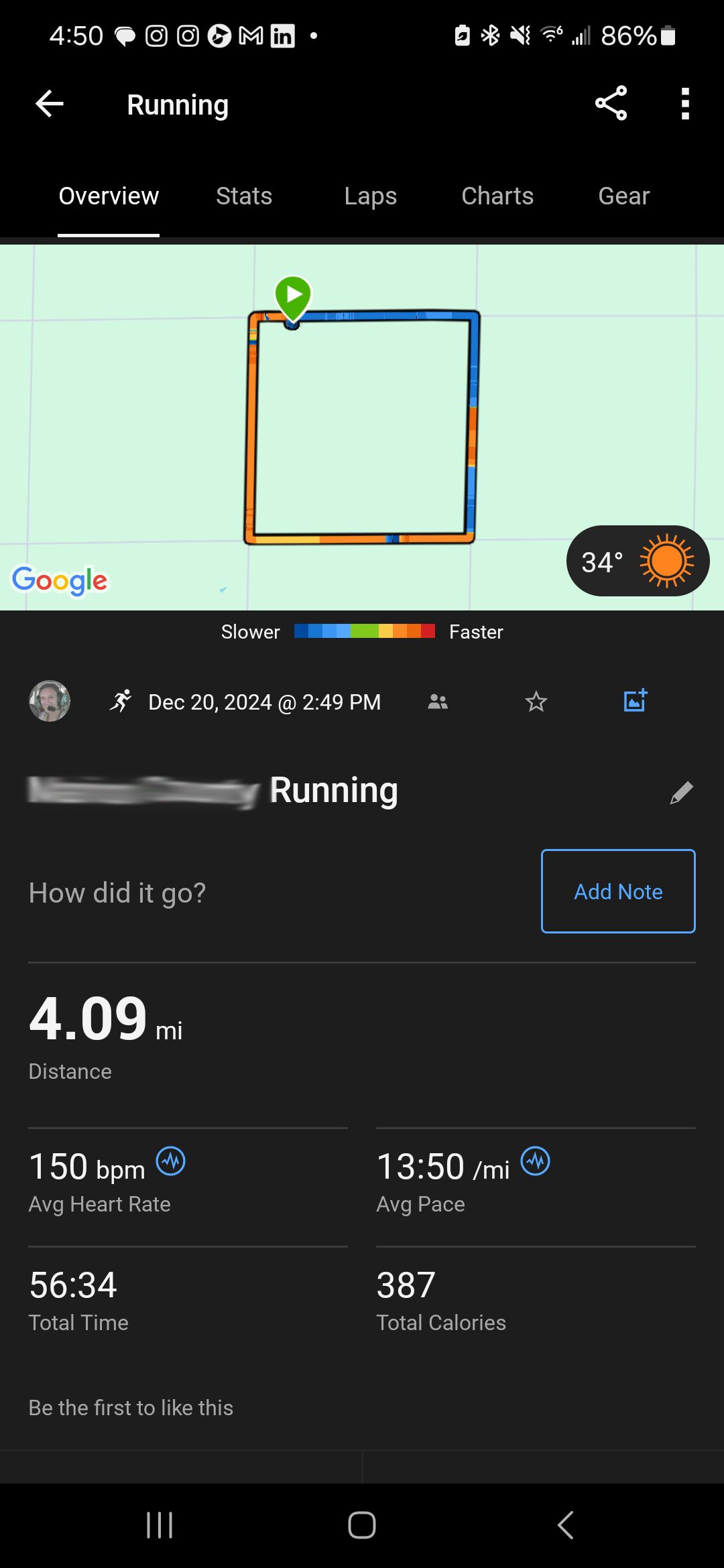 Uma captura de tela do aplicativo Garmin Connect com dados de uma corrida. 