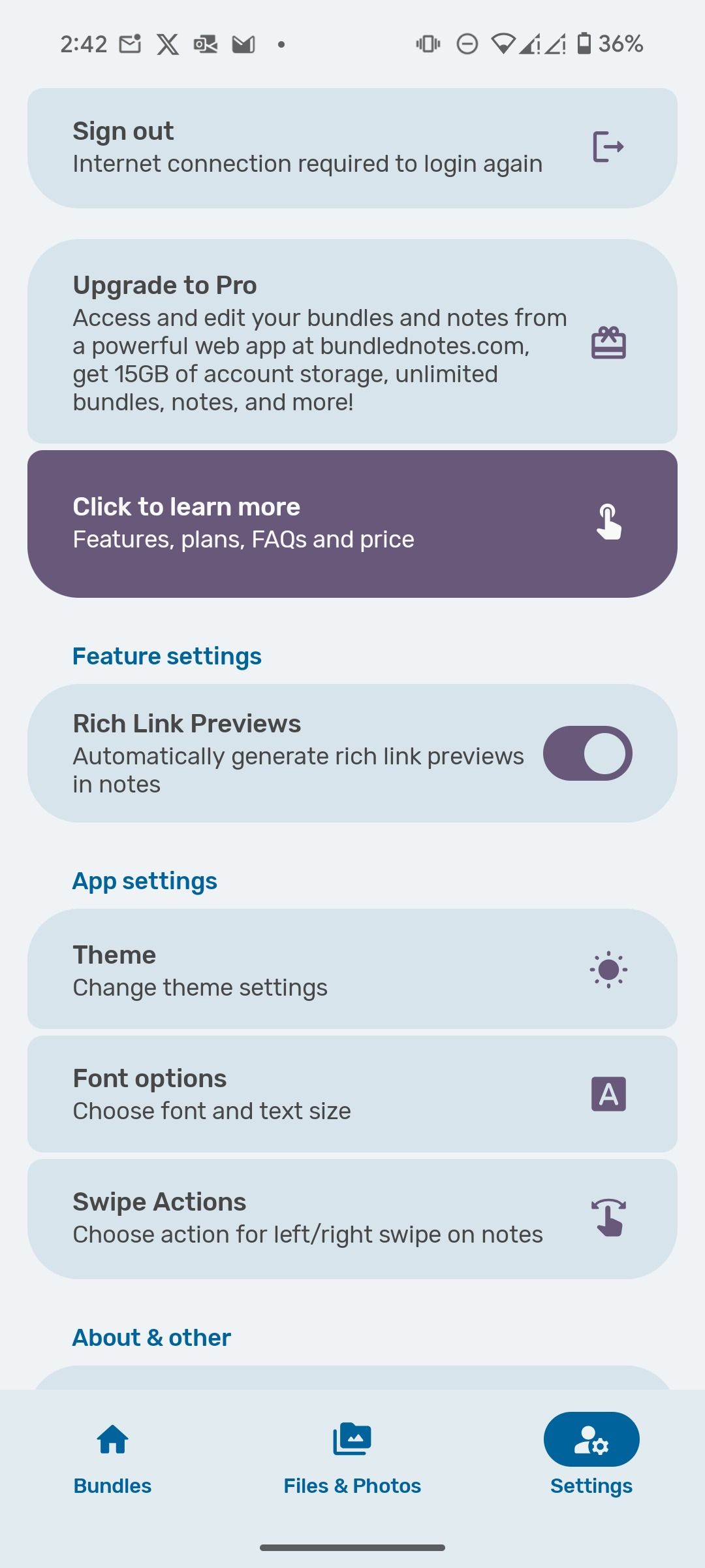 Menu Configurações em Bundled Notes