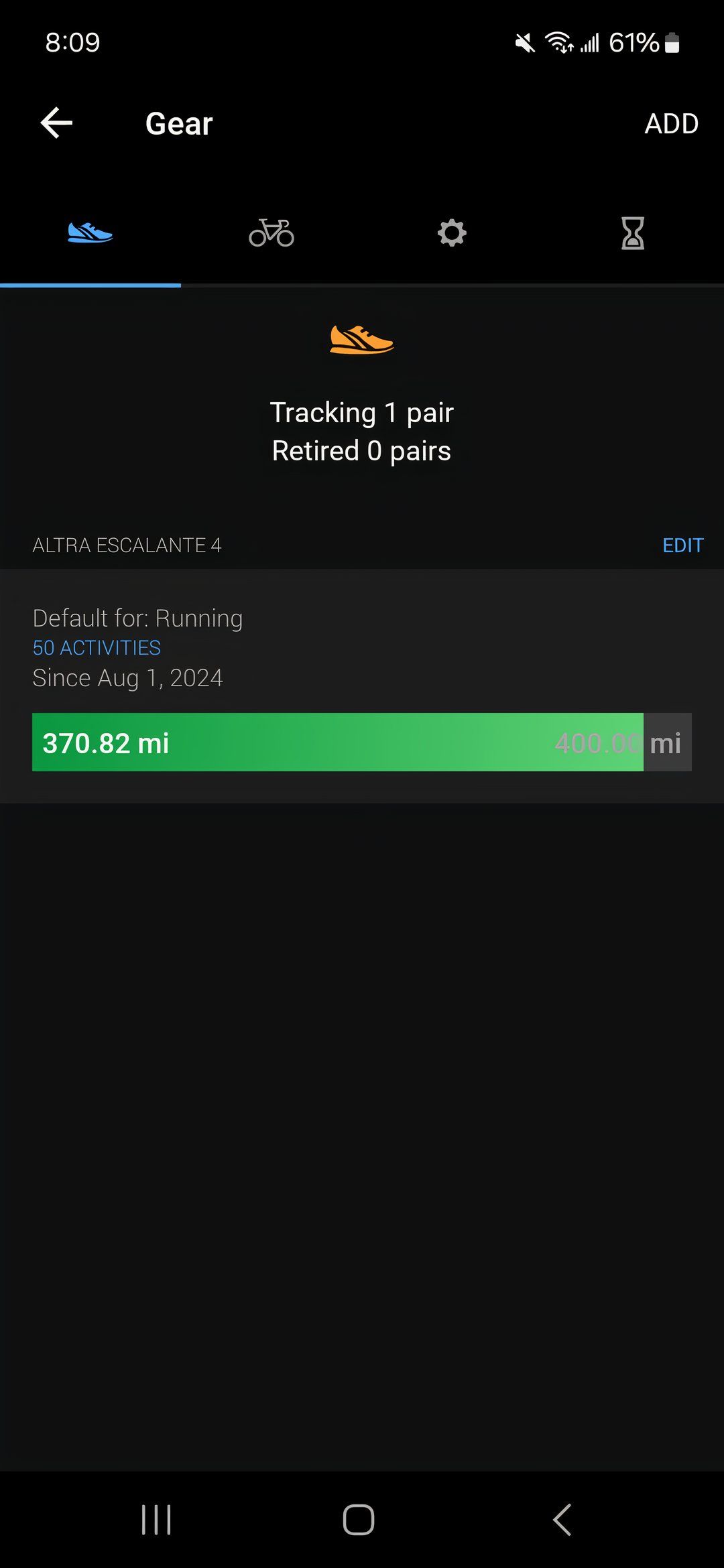 Recurso de rastreador de engrenagem Garmin Connect exibindo a quilometragem total colocada em um par de tênis de corrida