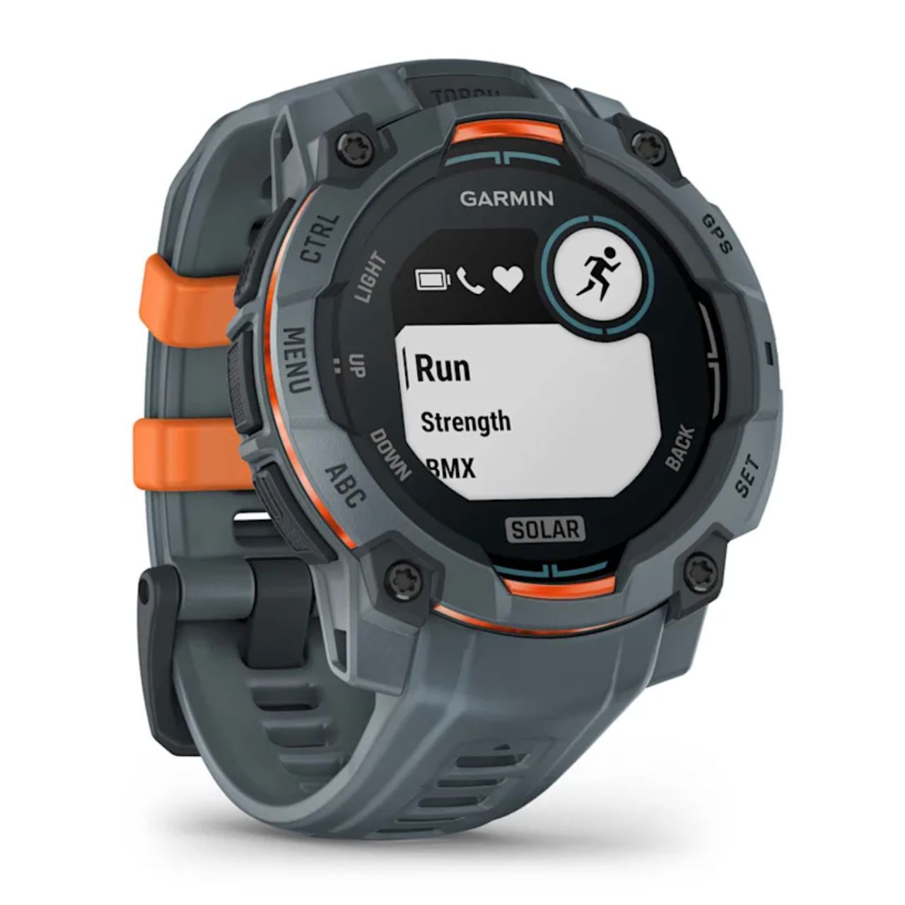 Um smartwatch Garmin cinza em um fundo branco