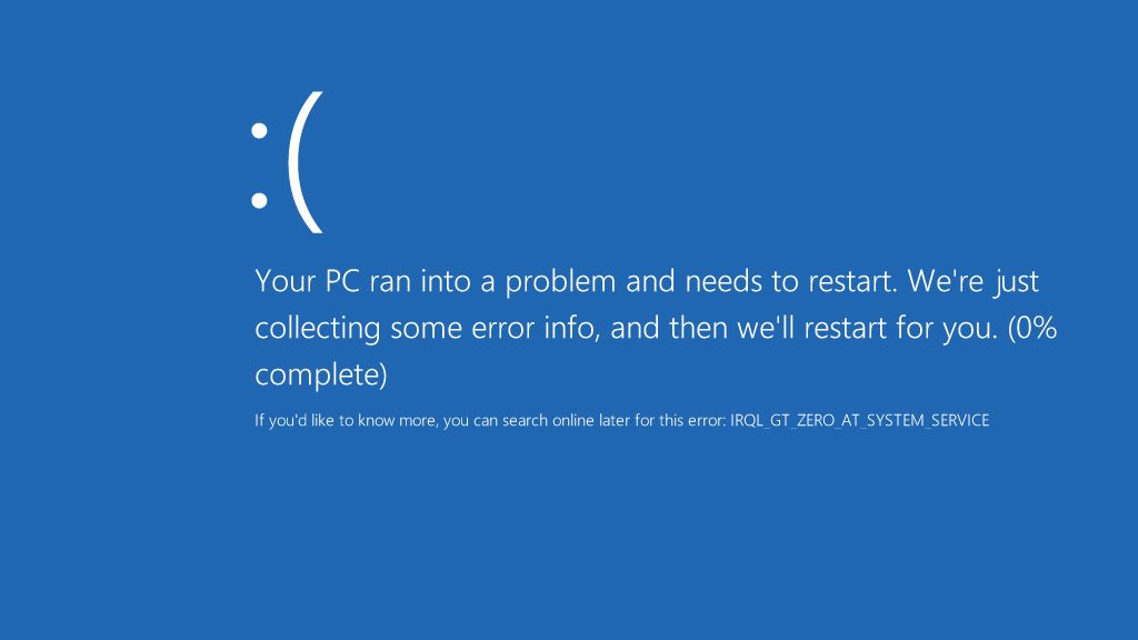 Uma captura de tela da Tela Azul da Morte do Windows (BSOD) exibindo um emoticon de rosto triste e a mensagem, "Seu PC teve um problema e precisa ser reiniciado.