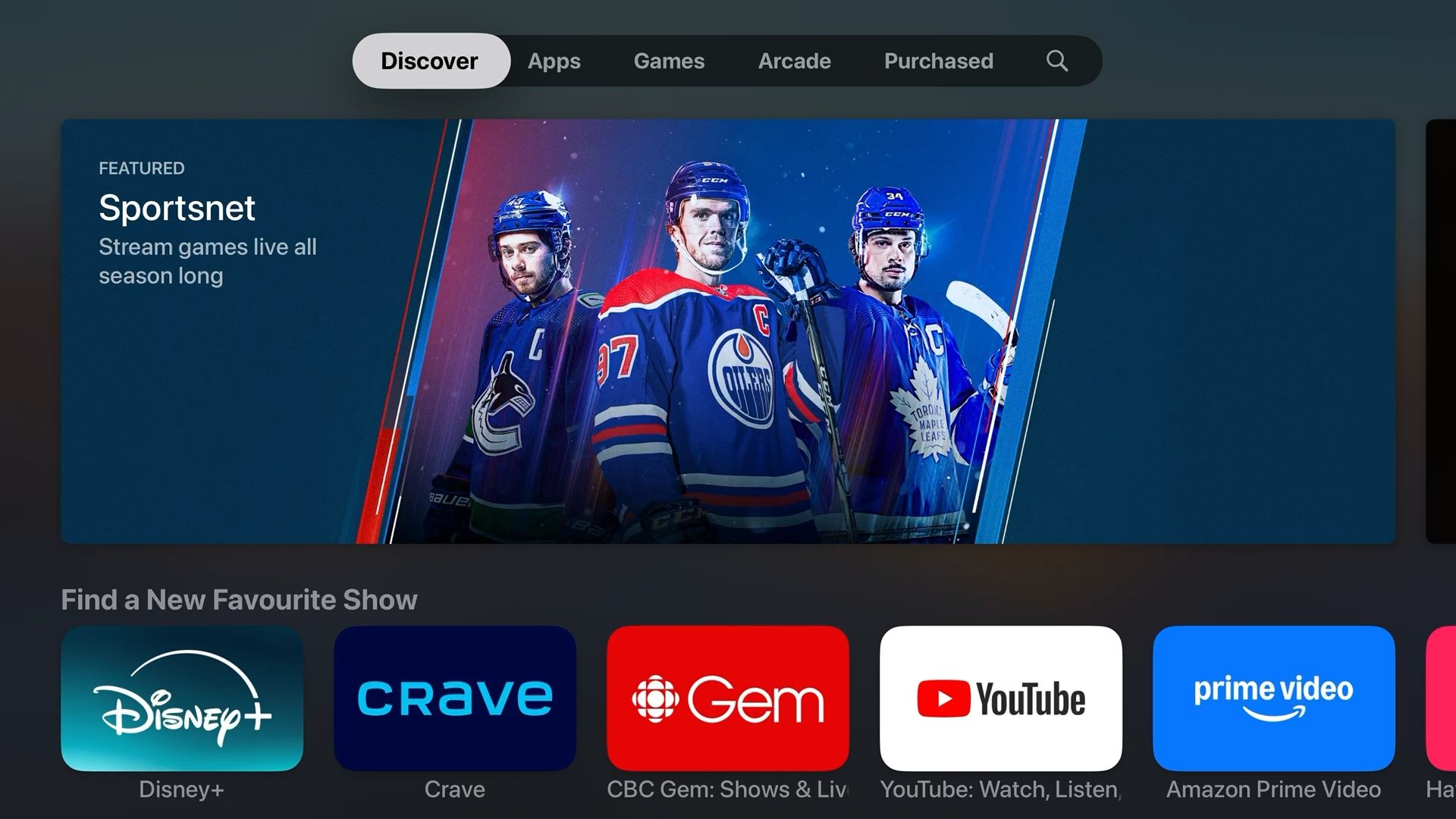 Captura de tela da App Store na Apple TV 4K mostrando aplicativos recomendados, incluindo Sportsnet, Disney Plus, Crave, CBC Gem, YouTube e Prime Video