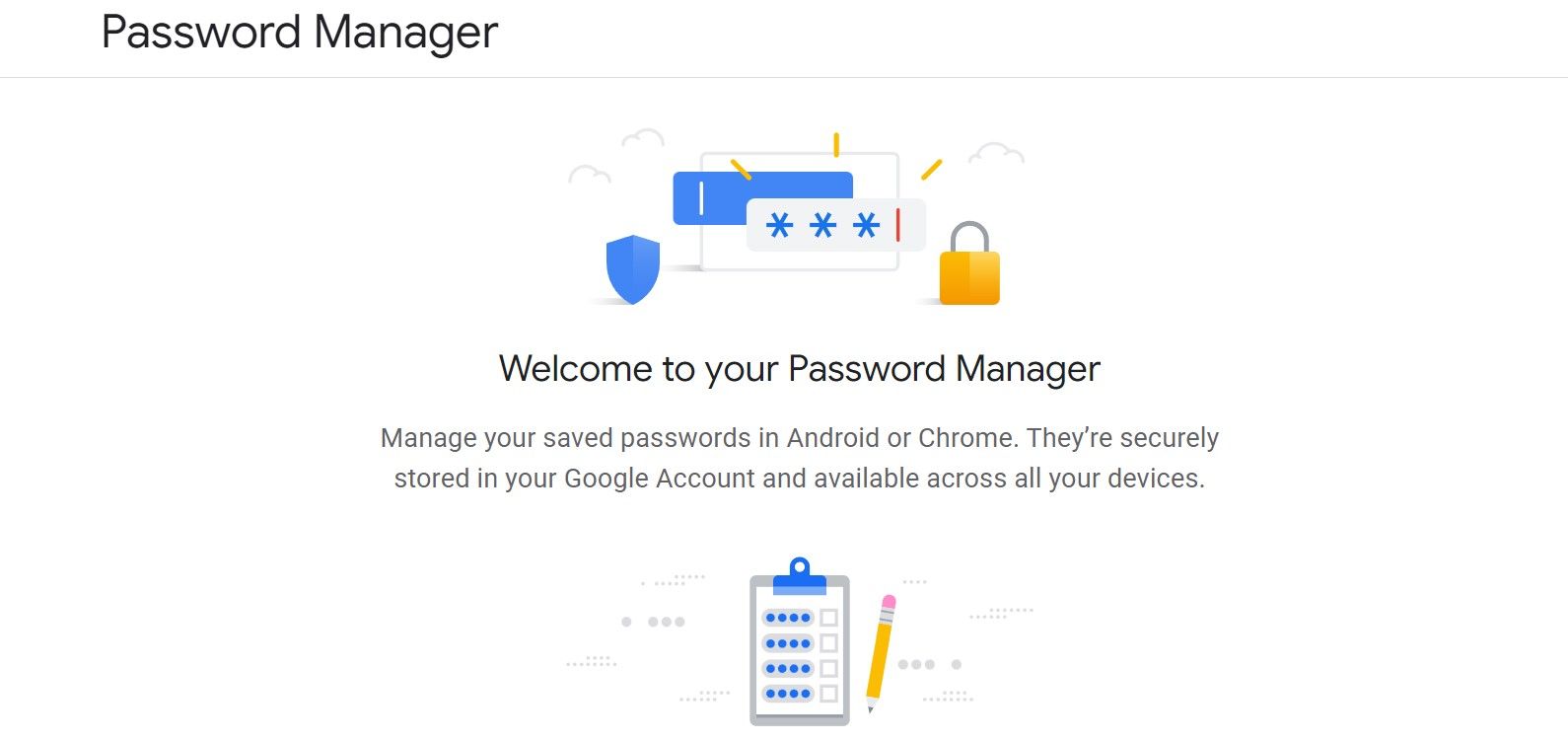 A página de introdução do Google Password Manager para desktop falando sobre como gerenciar suas senhas