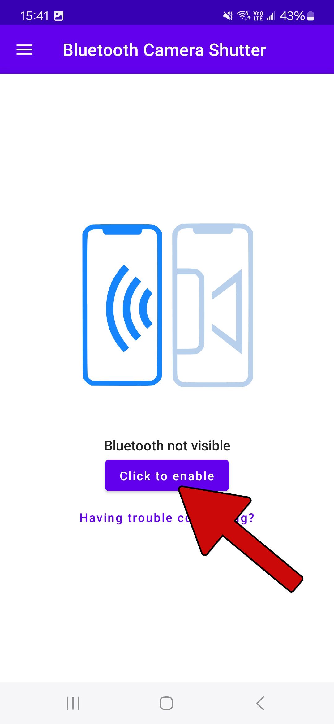 captura de tela do aplicativo de obturador de câmera bluetooth com seta vermelha apontando para clicar para ativar o botão