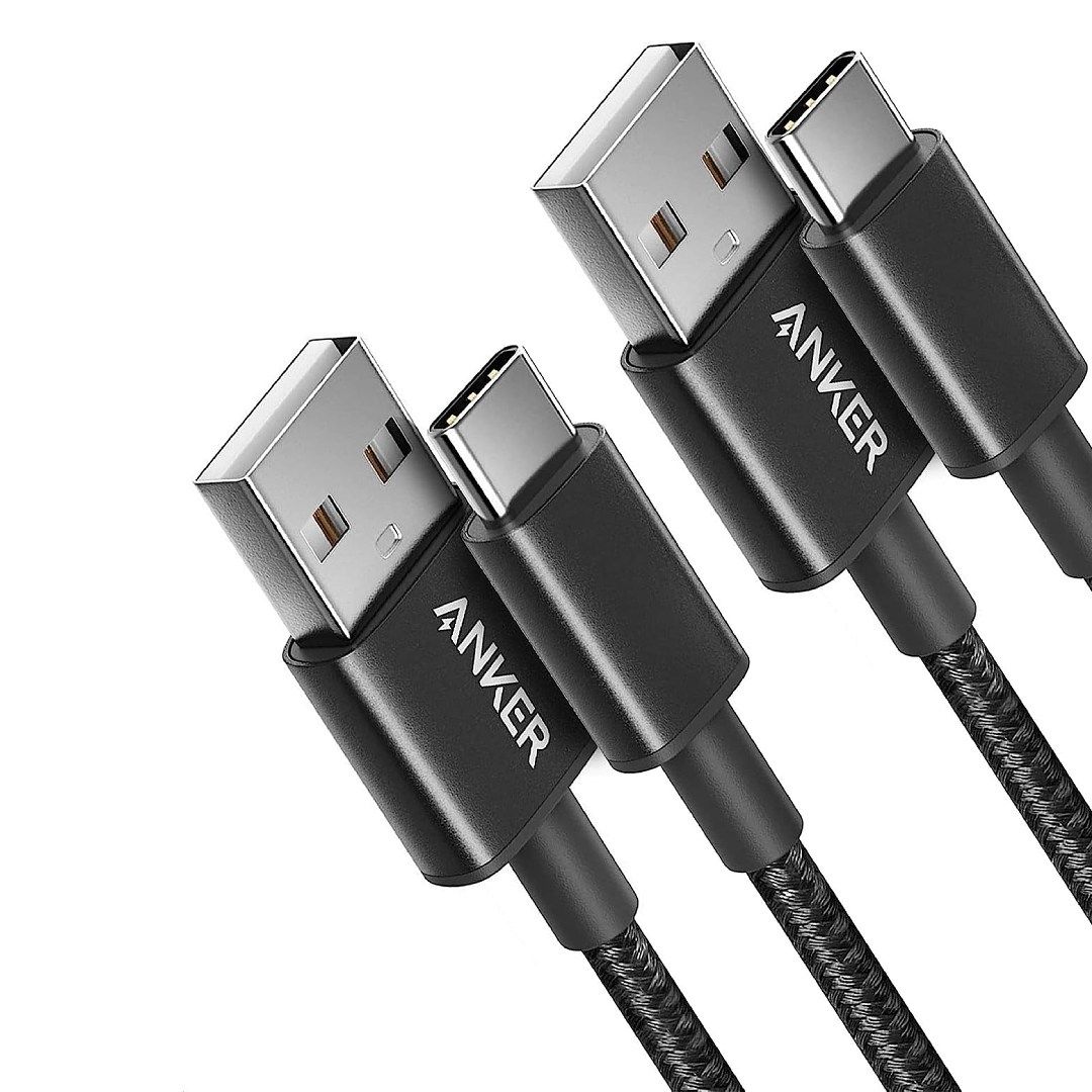 Uma renderização de dois cabos Anker USB-C para USB-A