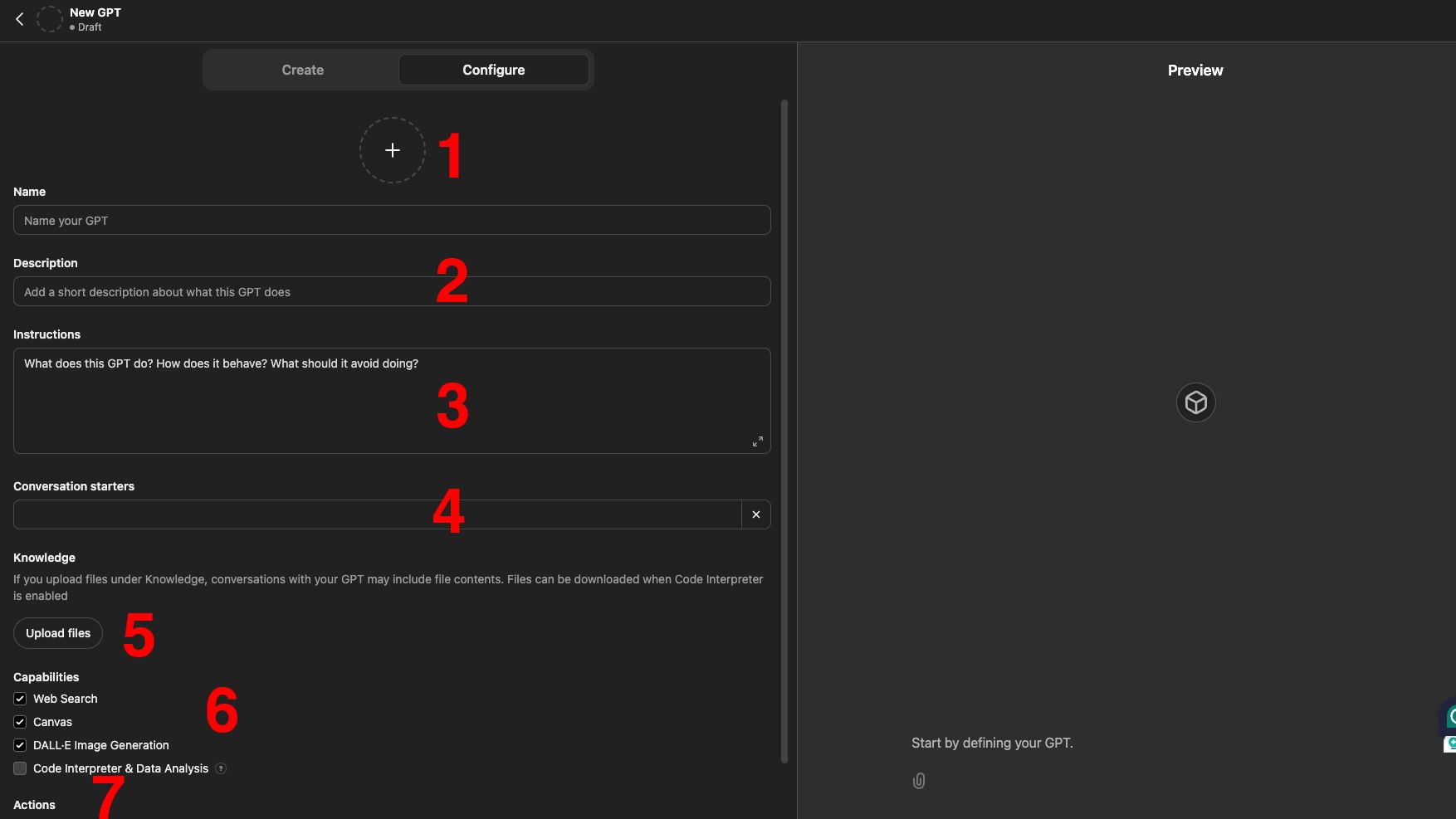 Interface de configuração GPT mostrando seções numeradas para definir uma nova GPT