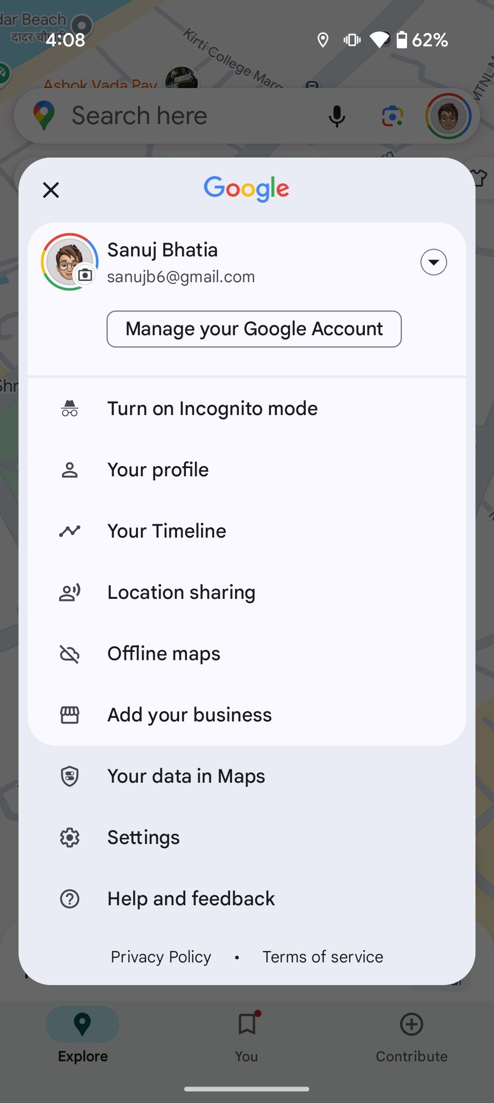 Menu de configurações da conta do Google Maps com modo de navegação anônima e opções