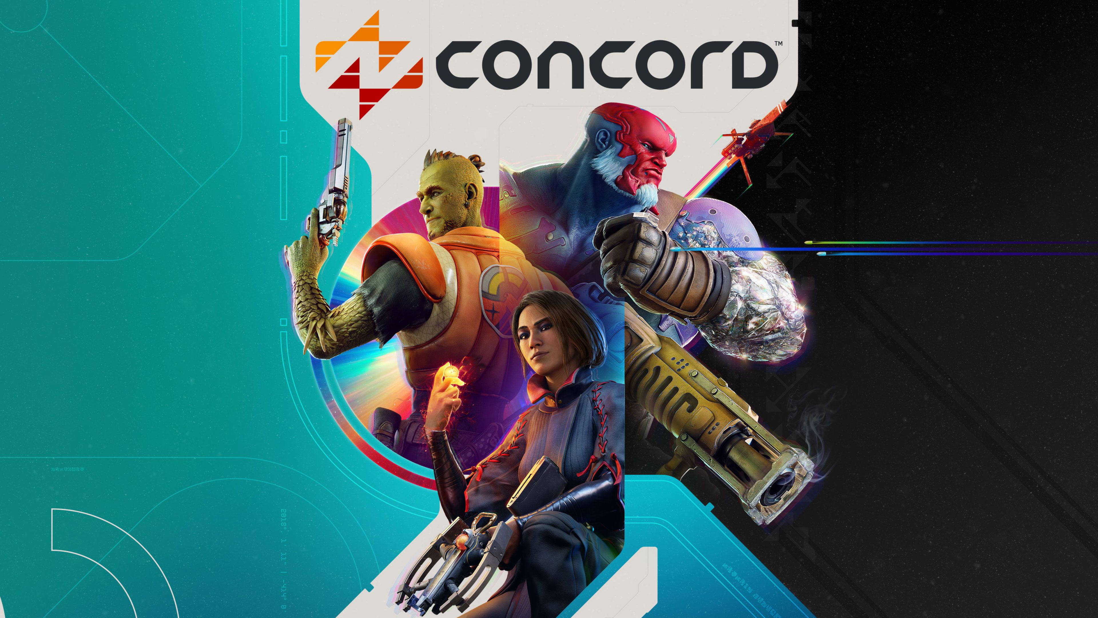 Uma imagem promocional do Concord, apresentando três personagens distintos