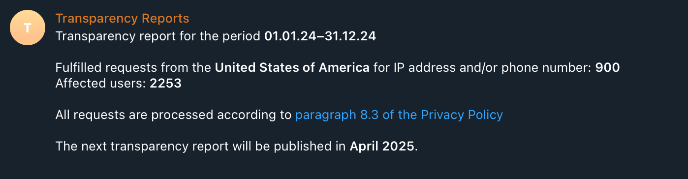 Uma captura de tela do relatório do bot Telegram Transparency Reports para solicitações de dados de 2024 nos EUA.