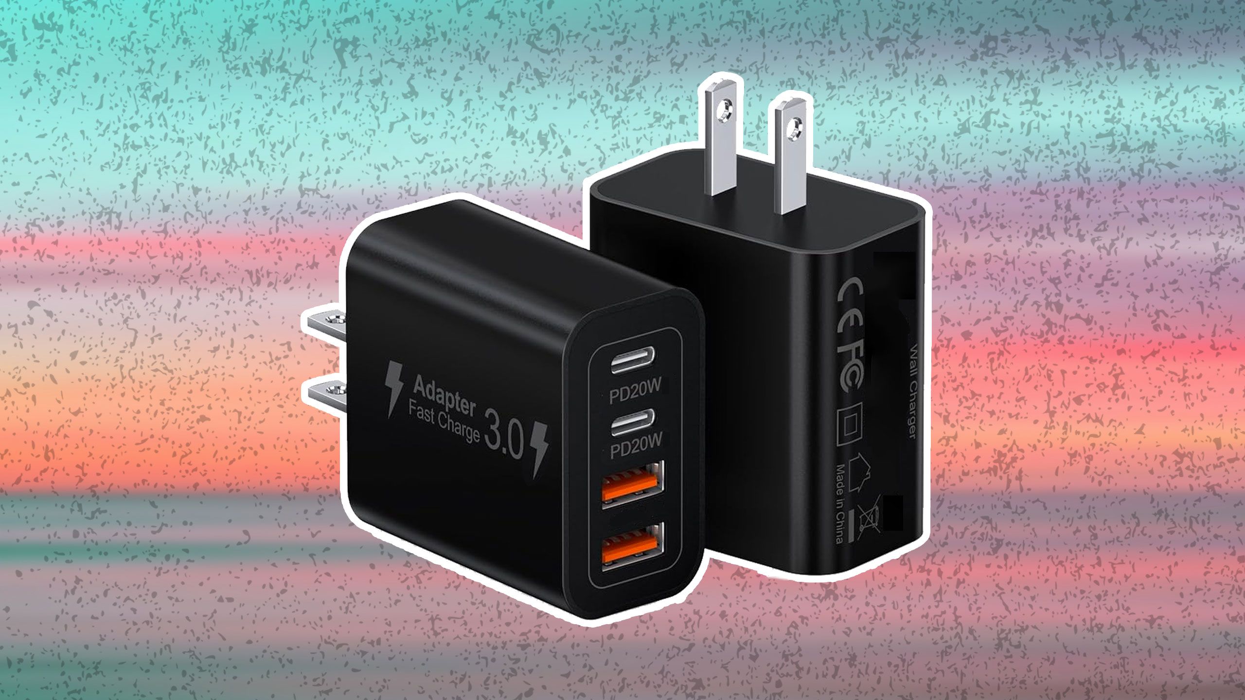 um par de blocos de carregamento USB-A/USB-C contra um fundo multicolorido