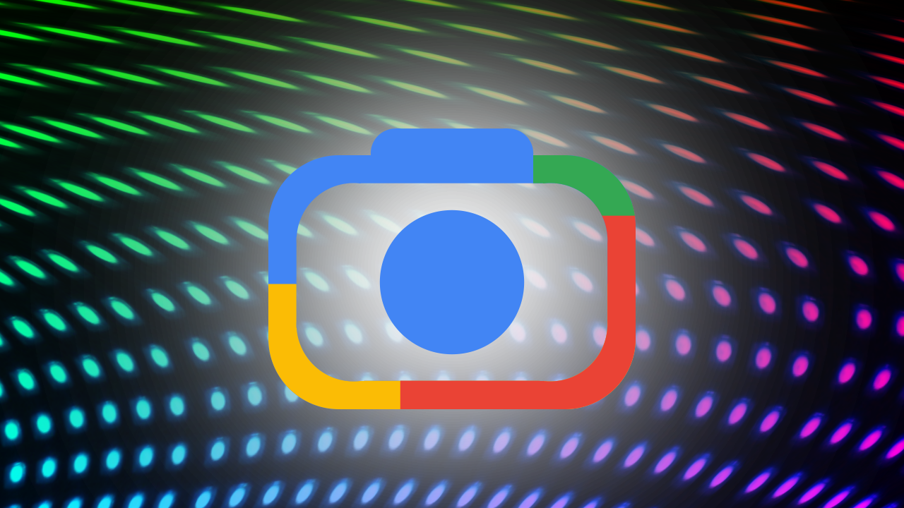 O logotipo do Google Lens é representado em um fundo preto, com pontos coloridos ao redor de uma forma central. O logotipo representa a identidade visual diferenciada do Google Lens, uma ferramenta visualmente inteligente para dispositivos Android.