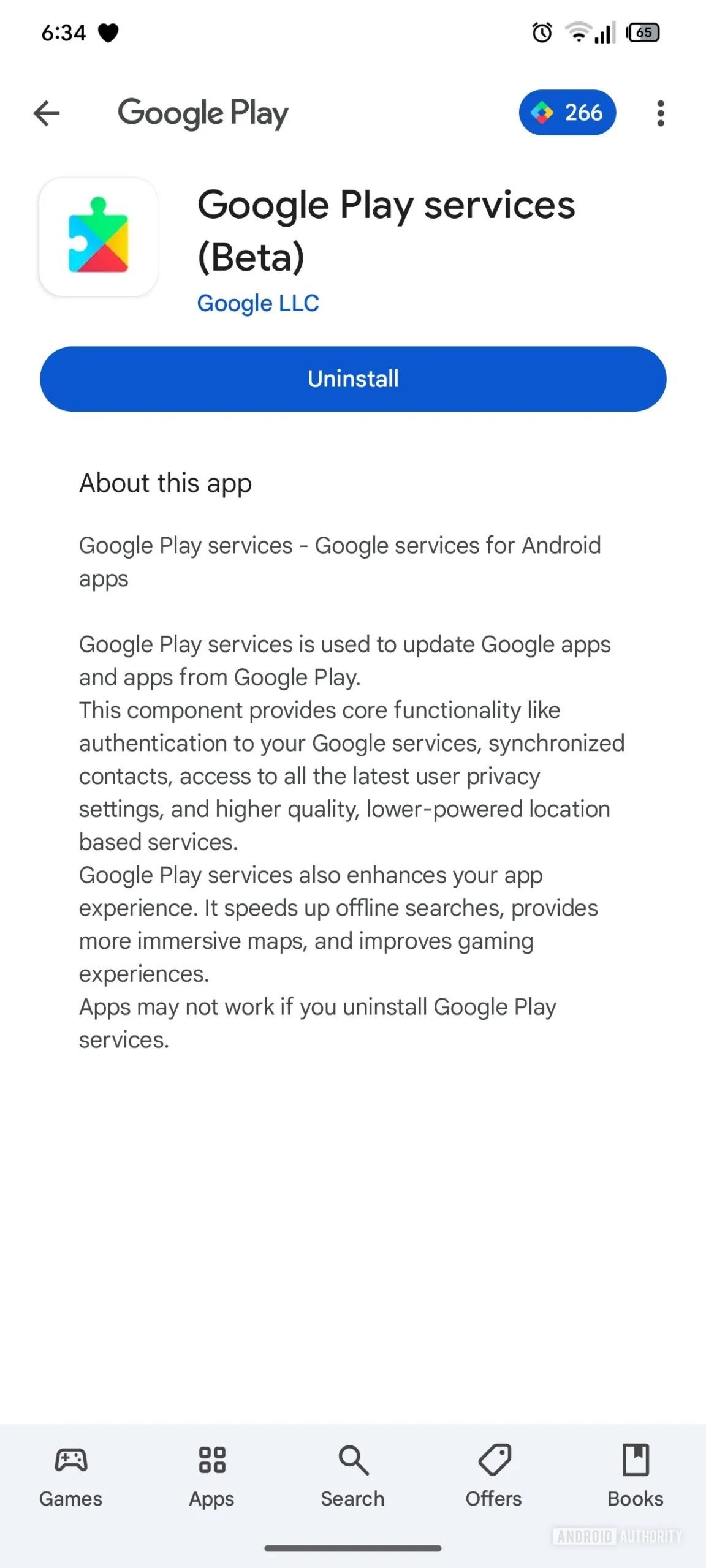 A listagem da Play Store do Google Play Services (Beta).