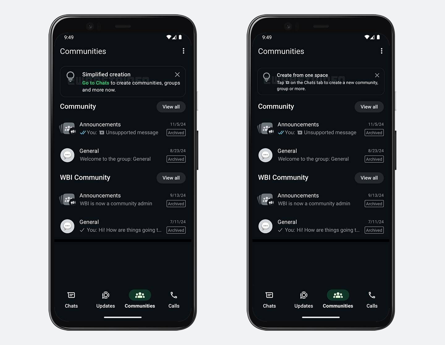 Capturas de tela do banner do WhatsApp para indicar que a opção de criação de novas comunidades foi movida para a tela de Chats.