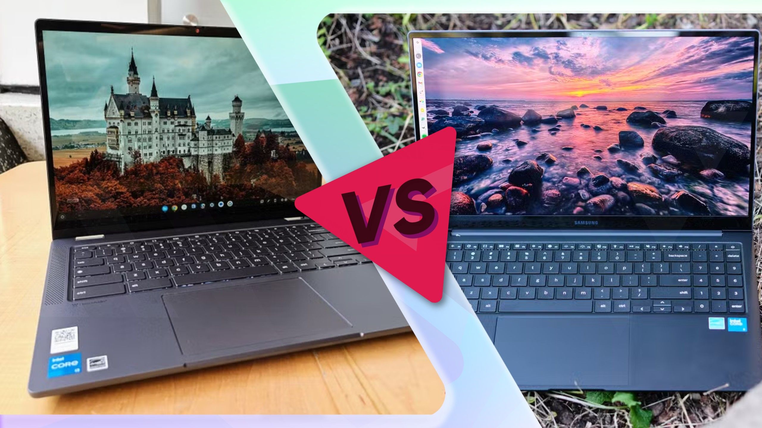 Lenovo IdeaPad Flex 5i Chromebook Plus à esquerda e Samsung Galaxy Chromebook Plus à direita com um logotipo vermelho versus com escrita preta no meio.