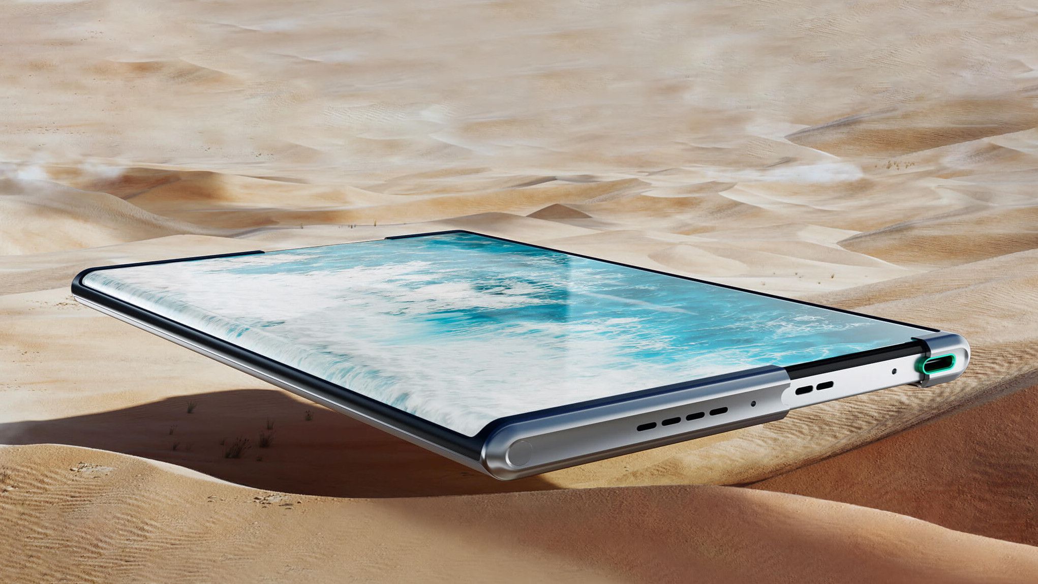 conceito de telefone rolável oppo x 2021 estendido na frente de uma imagem de um deserto