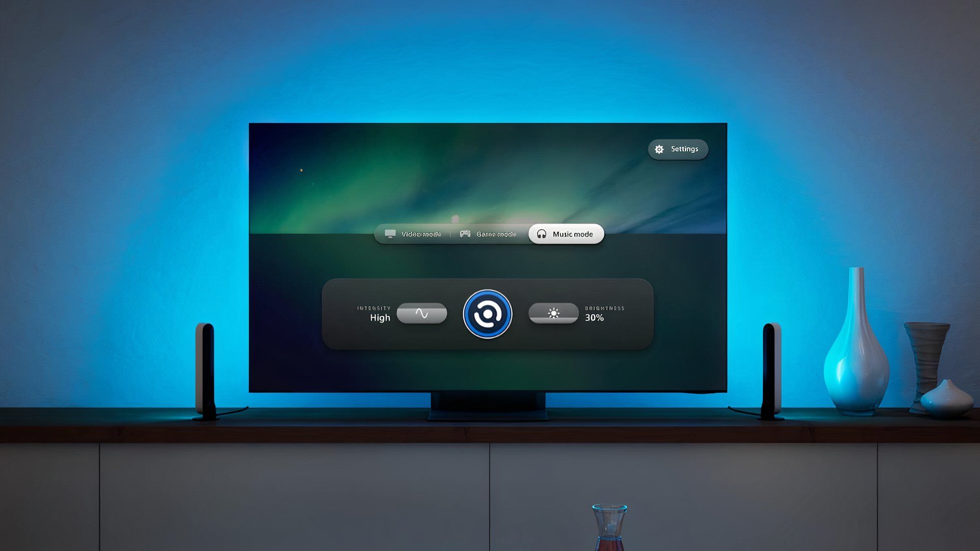 Uma TV LG contra um fundo azul com o aplicativo Philips Hue Sync aberto na tela.