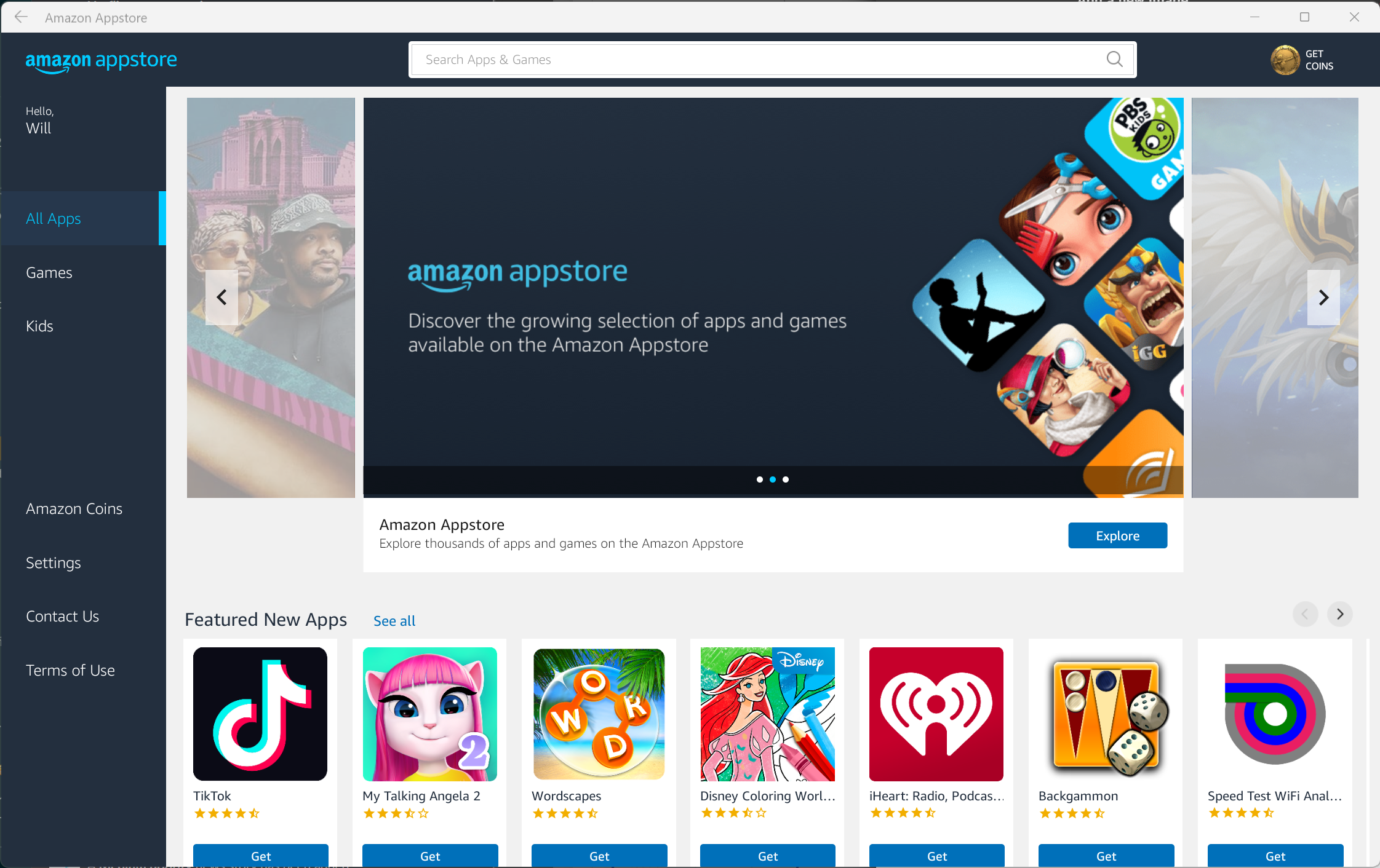 A página inicial da Amazon Appstore no Windows 11.